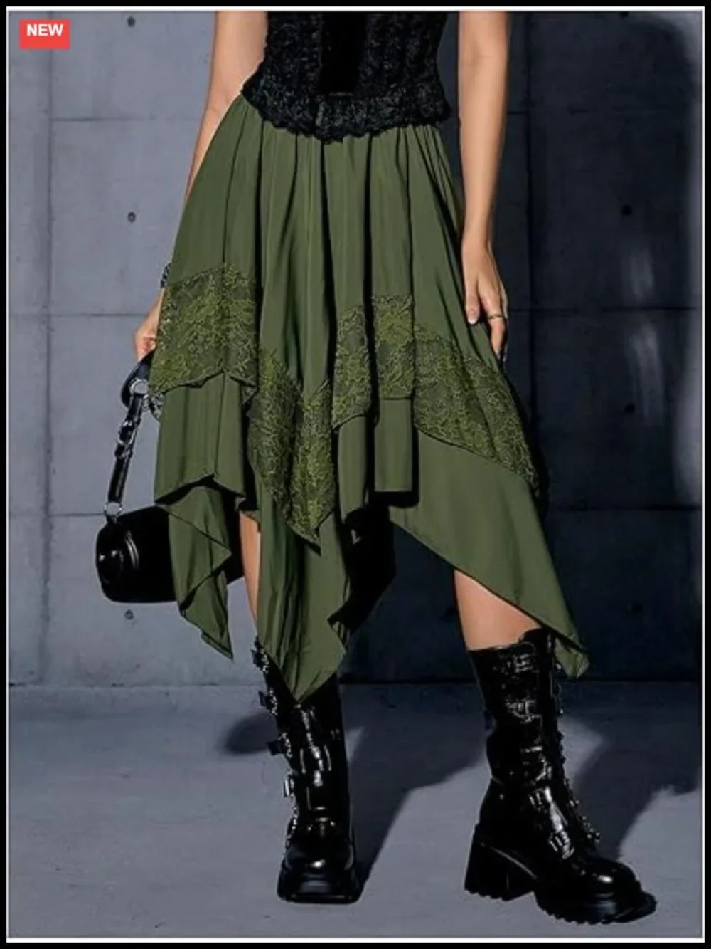Rayon Midi Skirt A-Line High-Low Lace Trim Elastic Waist Casual